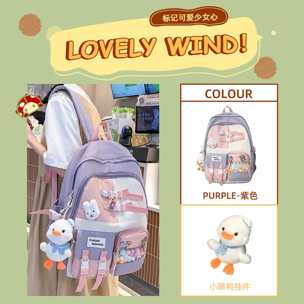 Purple backpack, pendant, badge