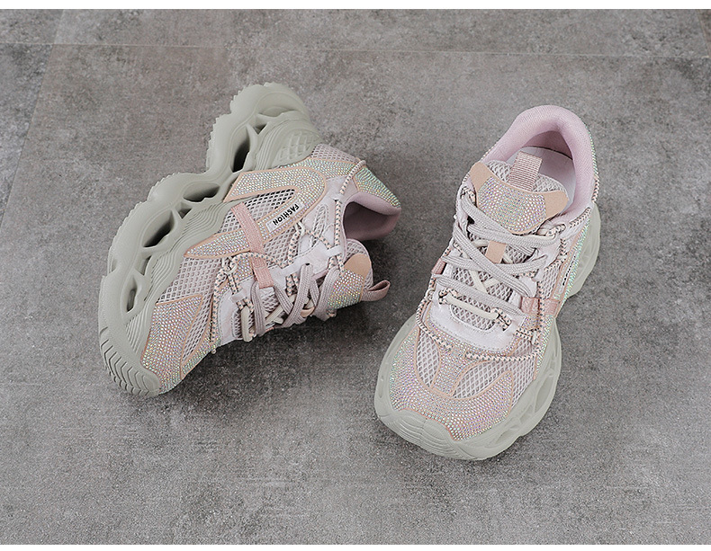 Giày sneaker nữ chunky đế dày da phối đá mesh thoáng khí — màu hồng chi tiết 11