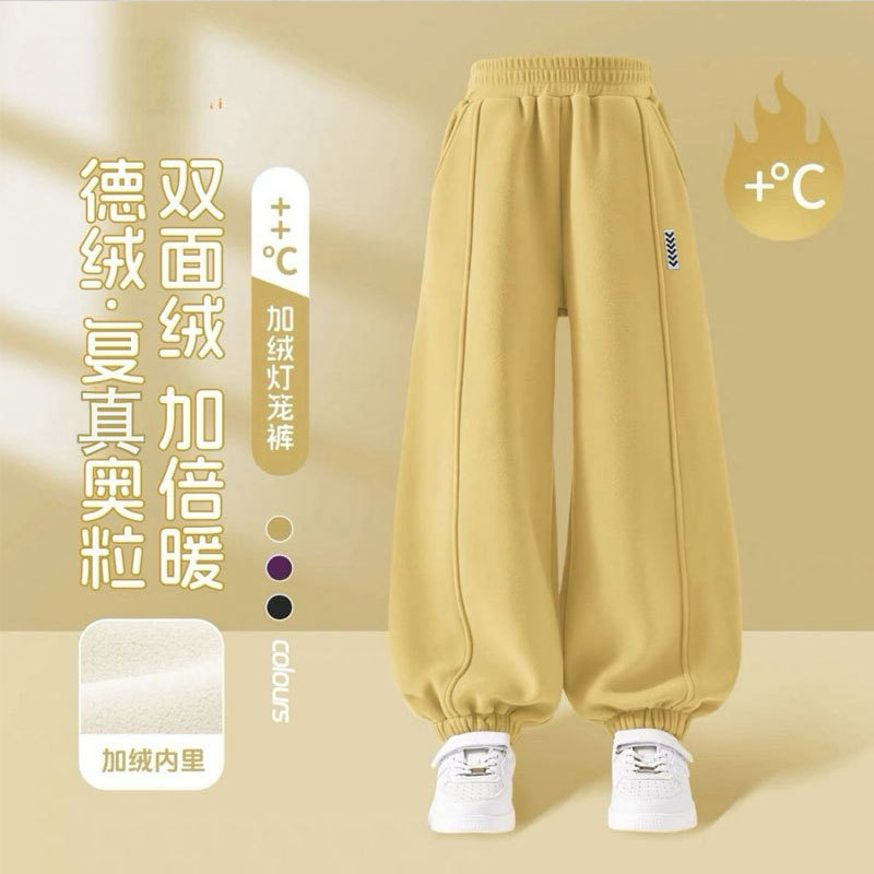 儿童加绒裤子2025秋冬新款男女童运动裤一体绒保暖卫裤休闲灯笼裤