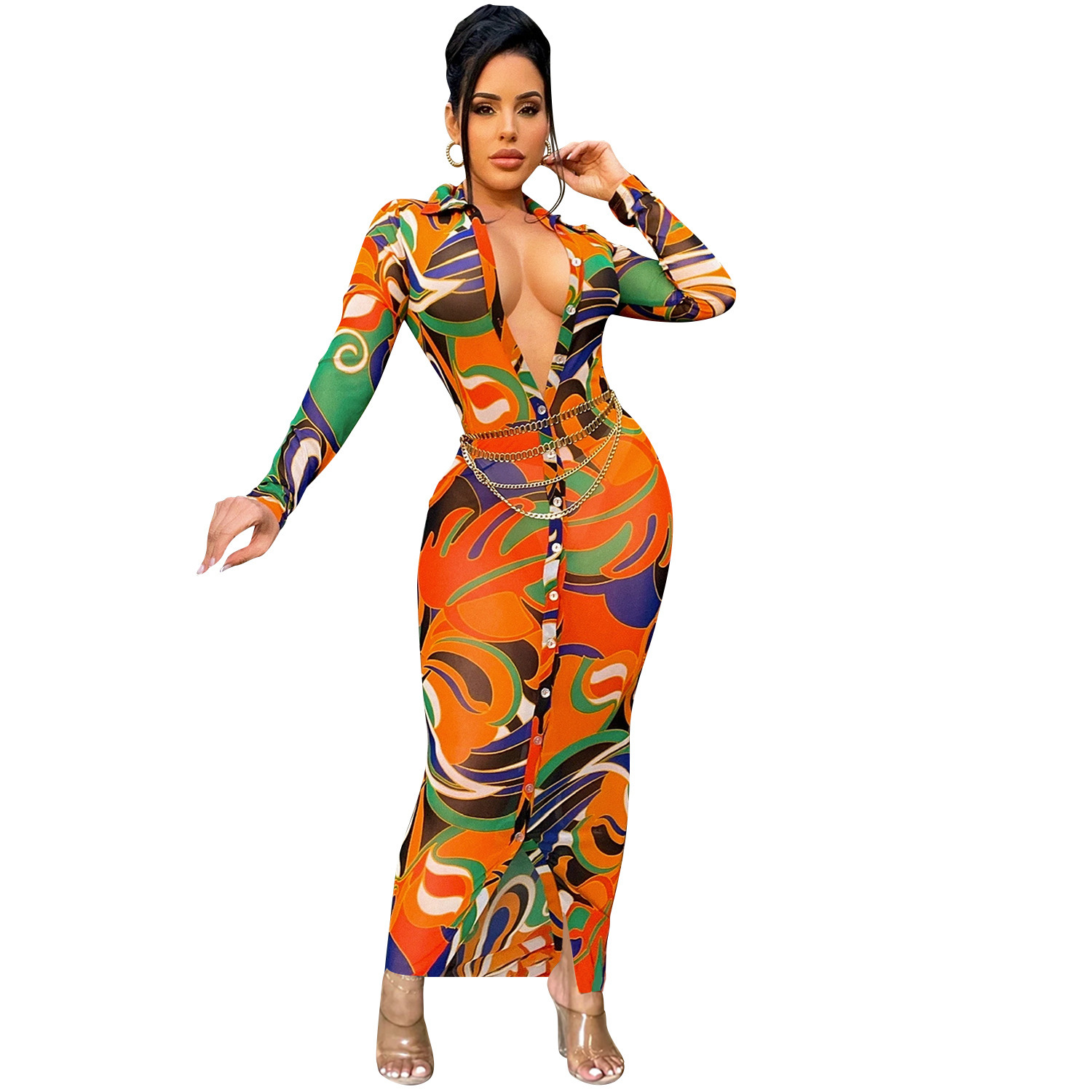 Cross-border European and American autumn New Amazon AliExpress elegant mesh perspective printed V-neck long sleeve dress