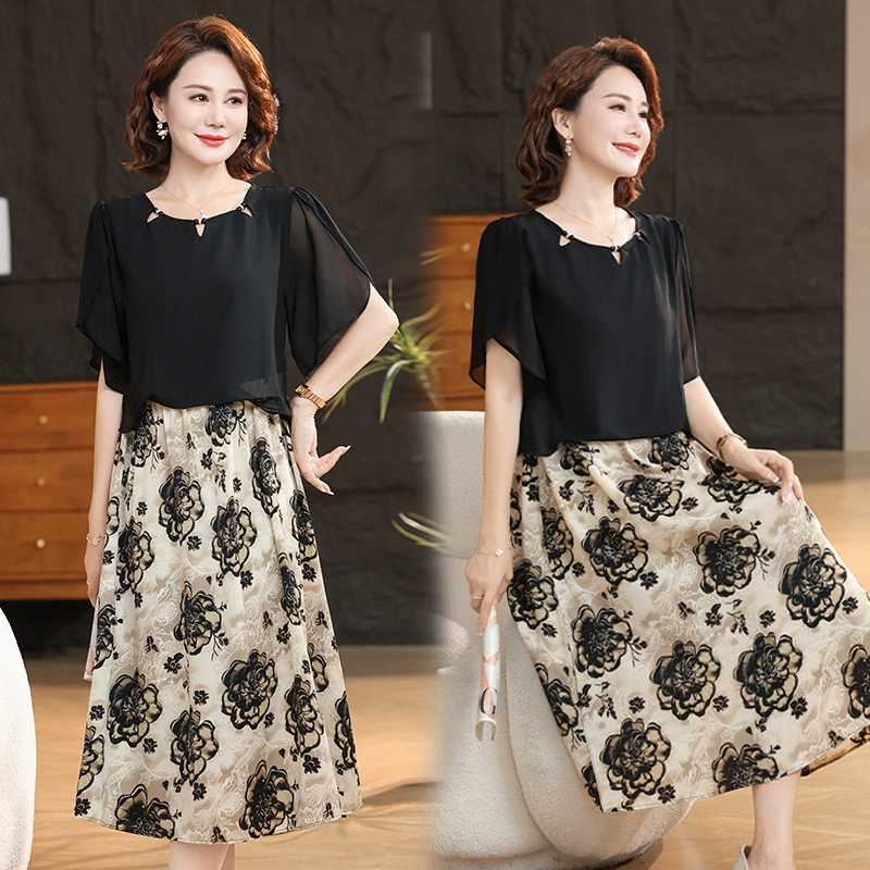 2025 новое платье с короткими рукавами, модное новое платье с цветочным принтом, большой размер, скрывающее живот, утягивающая юбка средней длины