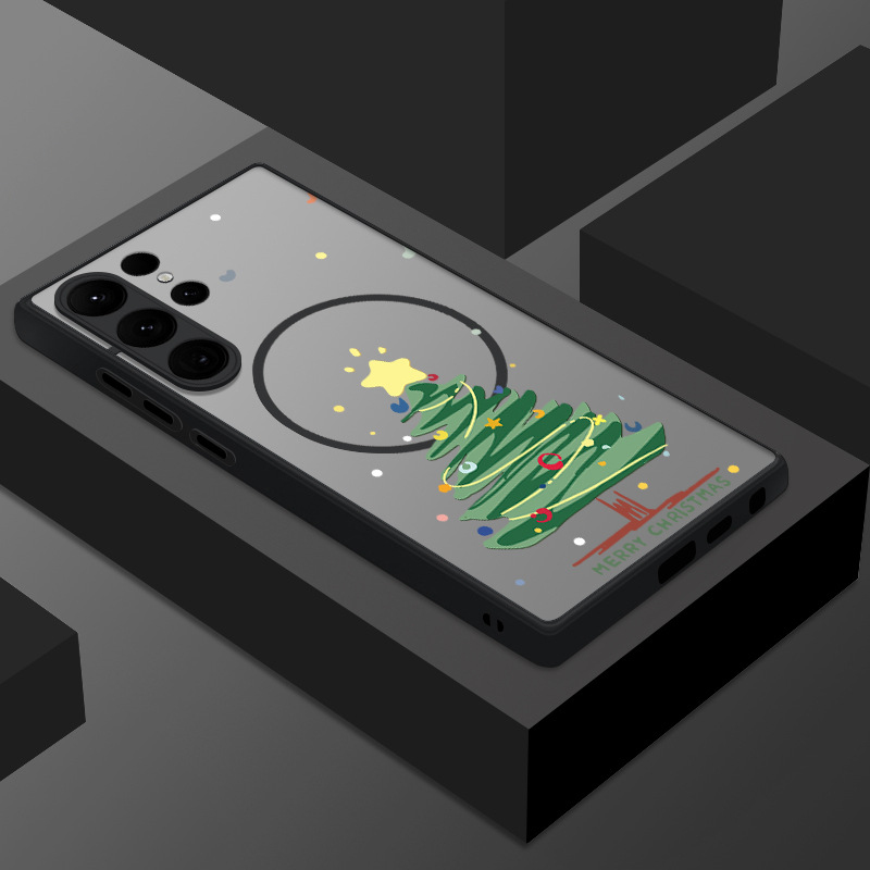 适用三星S25Ultra卡通圣诞树手机壳S24FE满屏雪花S23磁吸全包保护