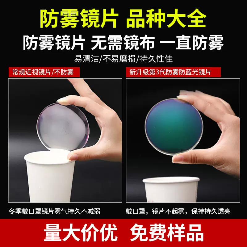 批发1.56防雾镜片非球面防蓝光树脂镜片高清1.74变色近视镜片厂家