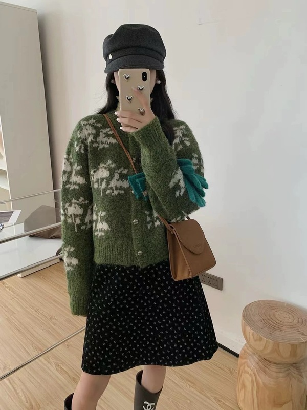 韩系复古费尔岛提花毛衣女秋冬新款慵懒风重工雪花短款开衫外套潮|undefined
