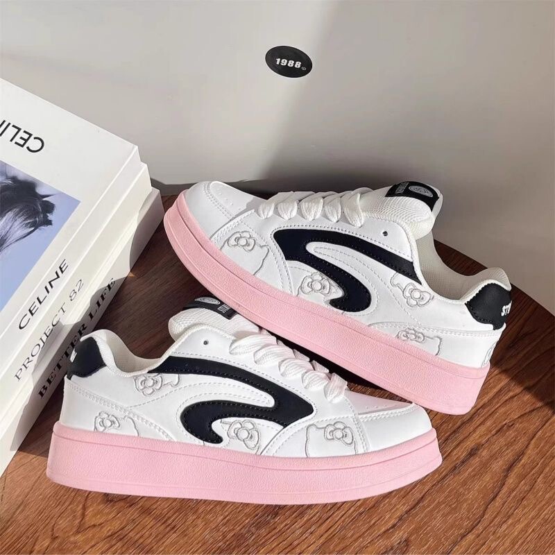 Versatile Casual White Sneakers, Fashionable Girly Style, Trendy Women's Shoes, New Spring 2026 Black and Pink Platform Shoes