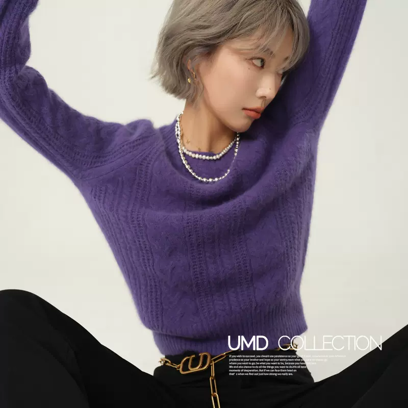 金涯服装厂/小泡袖/高腰气质圆领羊毛针织宽松浣熊绒短款毛衣女