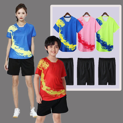 New Badminton and Table Tennis Suit for Men and Women, Children's Short-Sleeve and Short-Pants Competition and Training Suit, Breathable and Printed