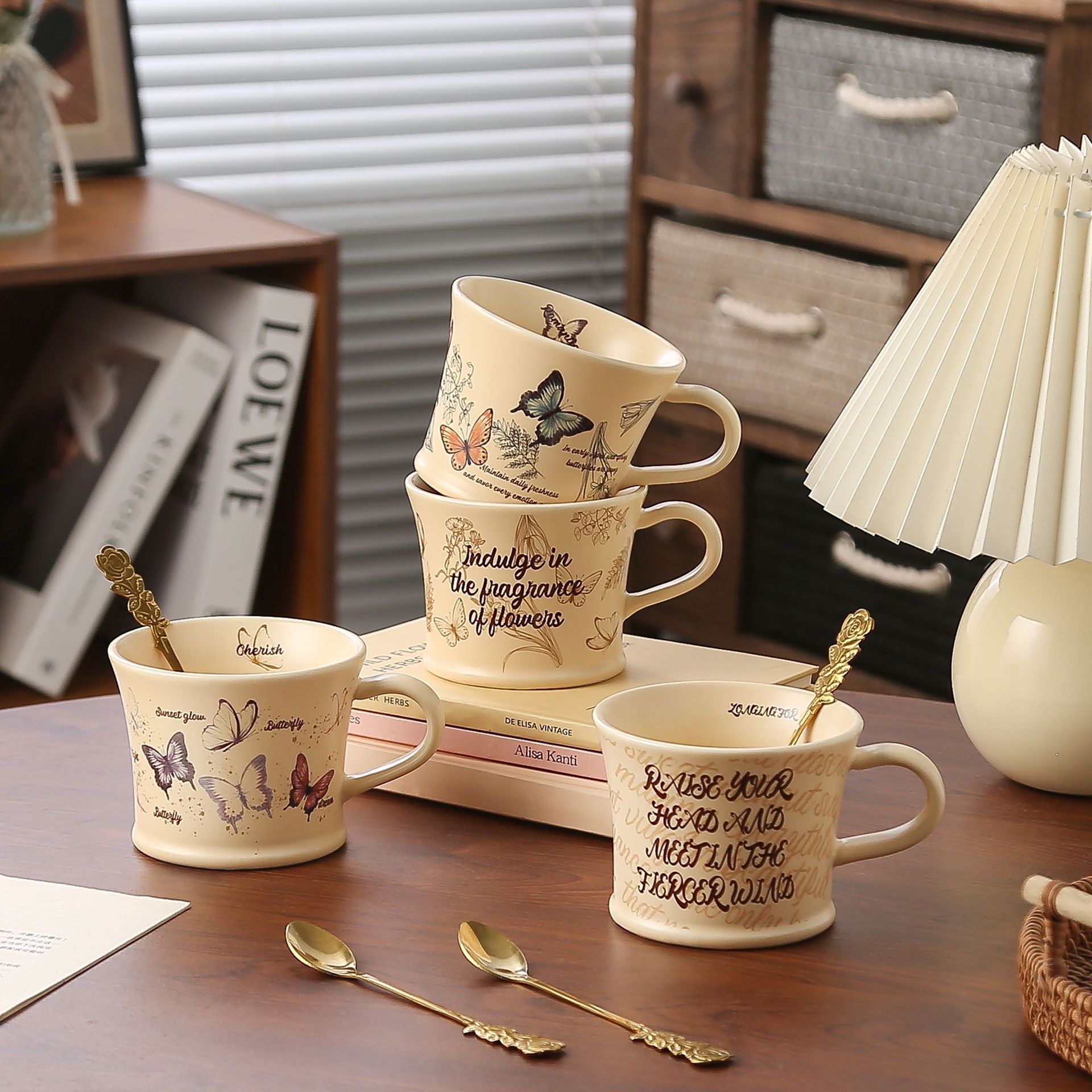 Vintage Coffee Cup Butterfly Exquisite Spoon Household Mug Ceramic Cup Cute Couple Cup Water Cup Cream Style