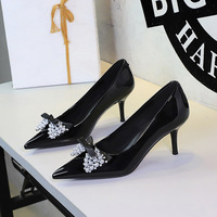 9998-H165 European and American Fashion Banquet Single Shoes Pearl Bow Pointed Shallow Mouth Sexy Thin Heel High Heels Female