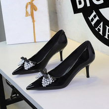 9998-H165 European and American Fashion Banquet Single Shoes Pearl Bow Pointed Shallow Mouth Sexy Thin Heel High Heels Female
