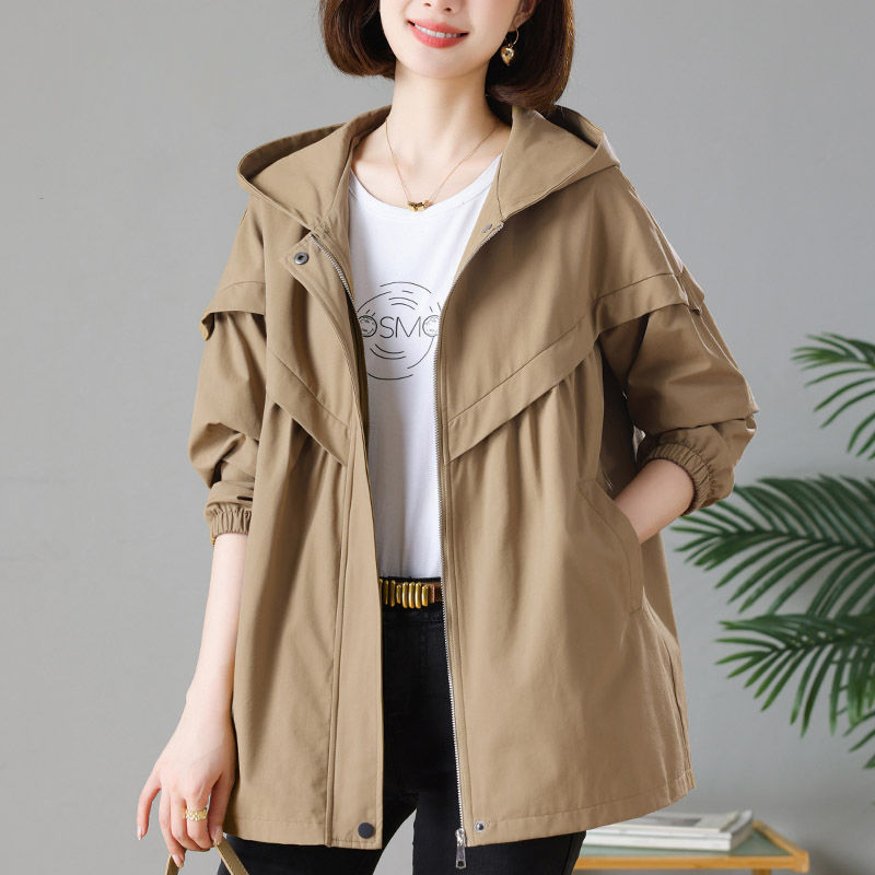 Windbreaker Jacket for Women 2025 Spring & Fall New Korean Style Casual Versatile Large Size Loose Hooded Mid-Length Jacket for Women