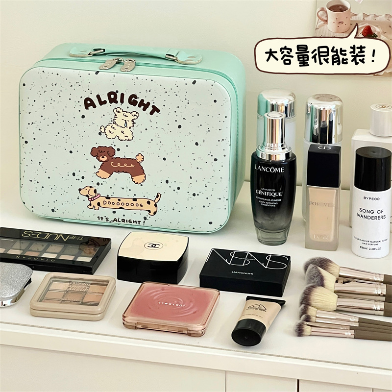 Original lindo cachorro maquillaje nuevo portátil de gran capacidad bolsa de almacenamiento de viaje con espejo bolsa de lavado de mano mujer