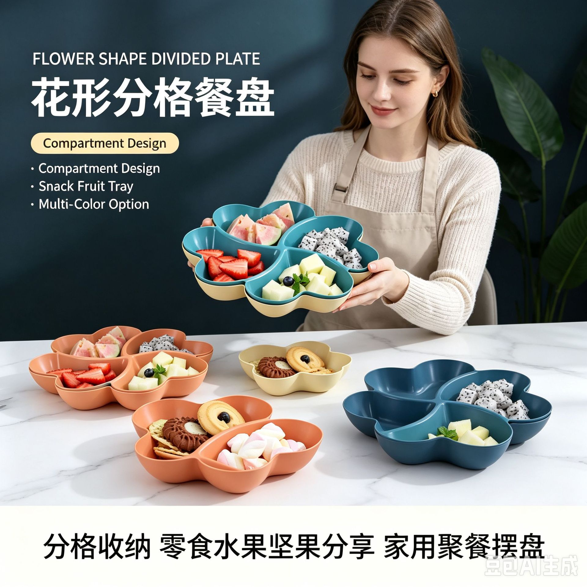 Cross-Border Dropshipping Small Heart Compartment Storage Fruit Plate Home Living Room Snacks Snack Fruit Plate Dry Fruit Plate Snack Plate