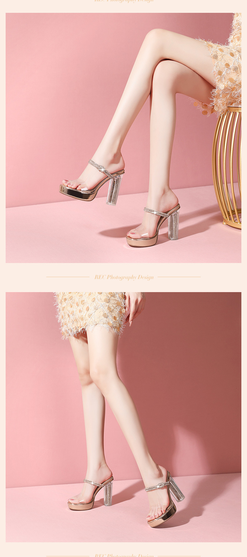 Sandal cao gót nữ gót trong suốt pha lê, quai ngang, gót 9 cm — Màu Sâm panh chi tiết 11