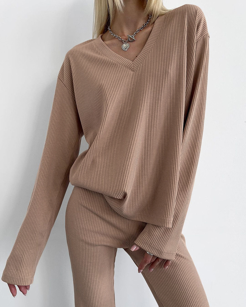 Women's autumn new knitted round neck leisure long sleeve pajamas two piece set comfortable skin friendly soft ladies home clothes_voghion.com