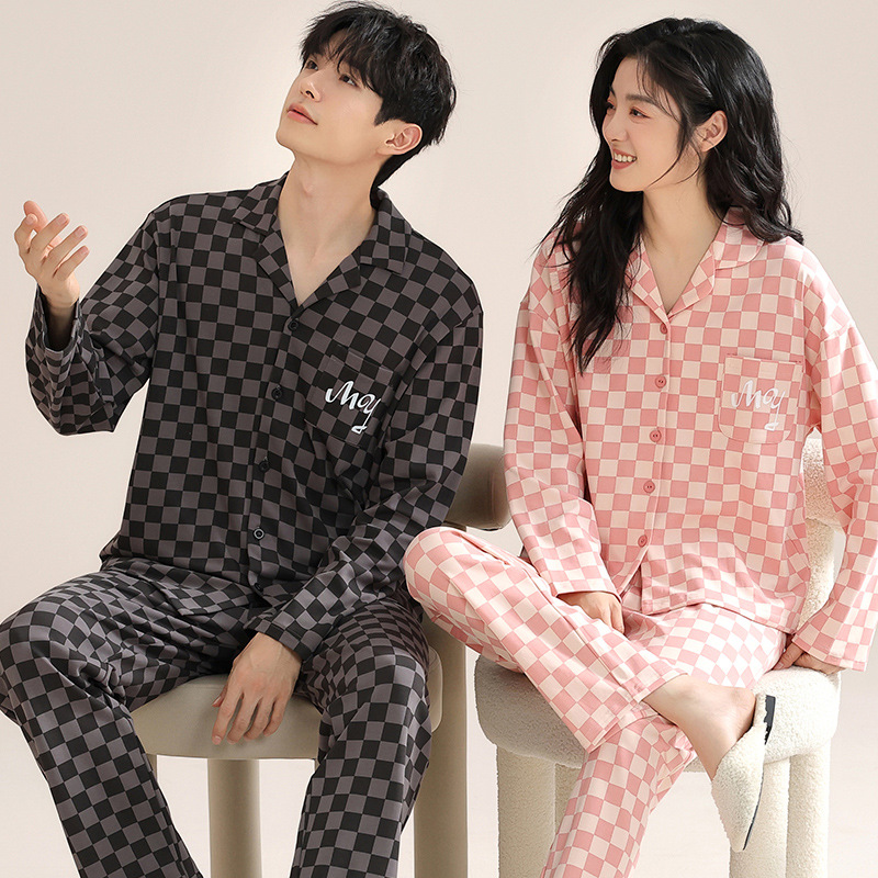 Algodón puro pareja pijamas de las mujeres del otoño nuevo simple chica lycra algodón manga larga vestir prendas exteriores desgaste los hombres traje