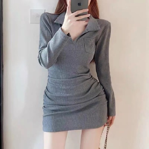 Autumn/Winter Polo Collar Slim Knit Long Sleeve Sexy A-Line Pleated Dress for Women Petite and Elegant