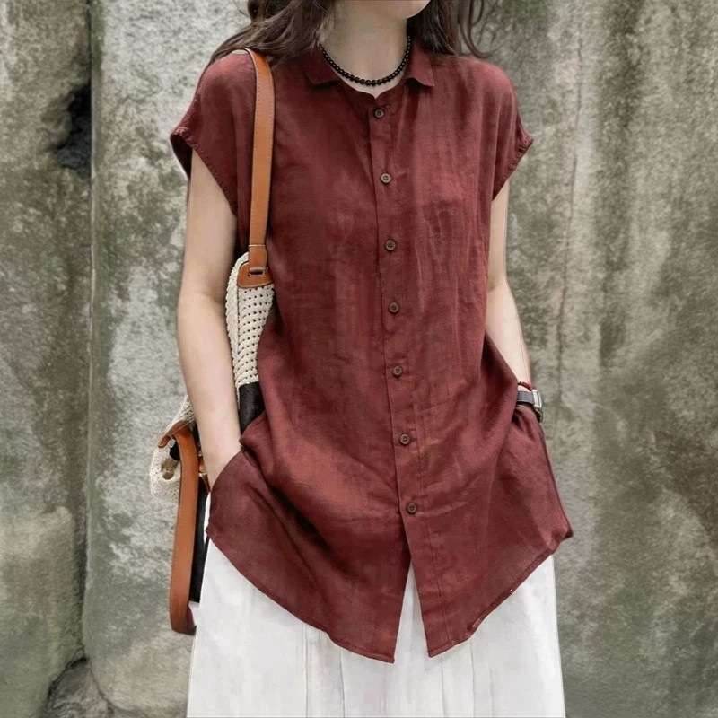 Beautiful Mid-Length Cotton and Linen Short-Sleeved Shirt for Women 2026 Summer New Style Fashionable Age-Reducing Cotton and Linen Shirt Top