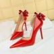 638-H35M Banquet High Heels Thin Heel Lacquer Leather Shallow Notched Pointed Side Hollow Back Rhinestone Bow Tie Single Shoe