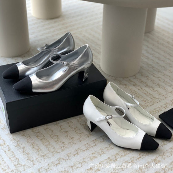 European and American Spring & Fall New Style Shallow Mouth Fashion Versatile One-line Mary Jane Shoes Round Toe Color Matching Medium Heel Shoes for Women