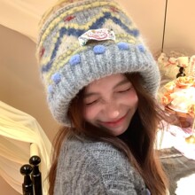 复古费尔岛针织毛线帽女秋冬季保暖巴拉克拉法帽加厚护耳包头帽子