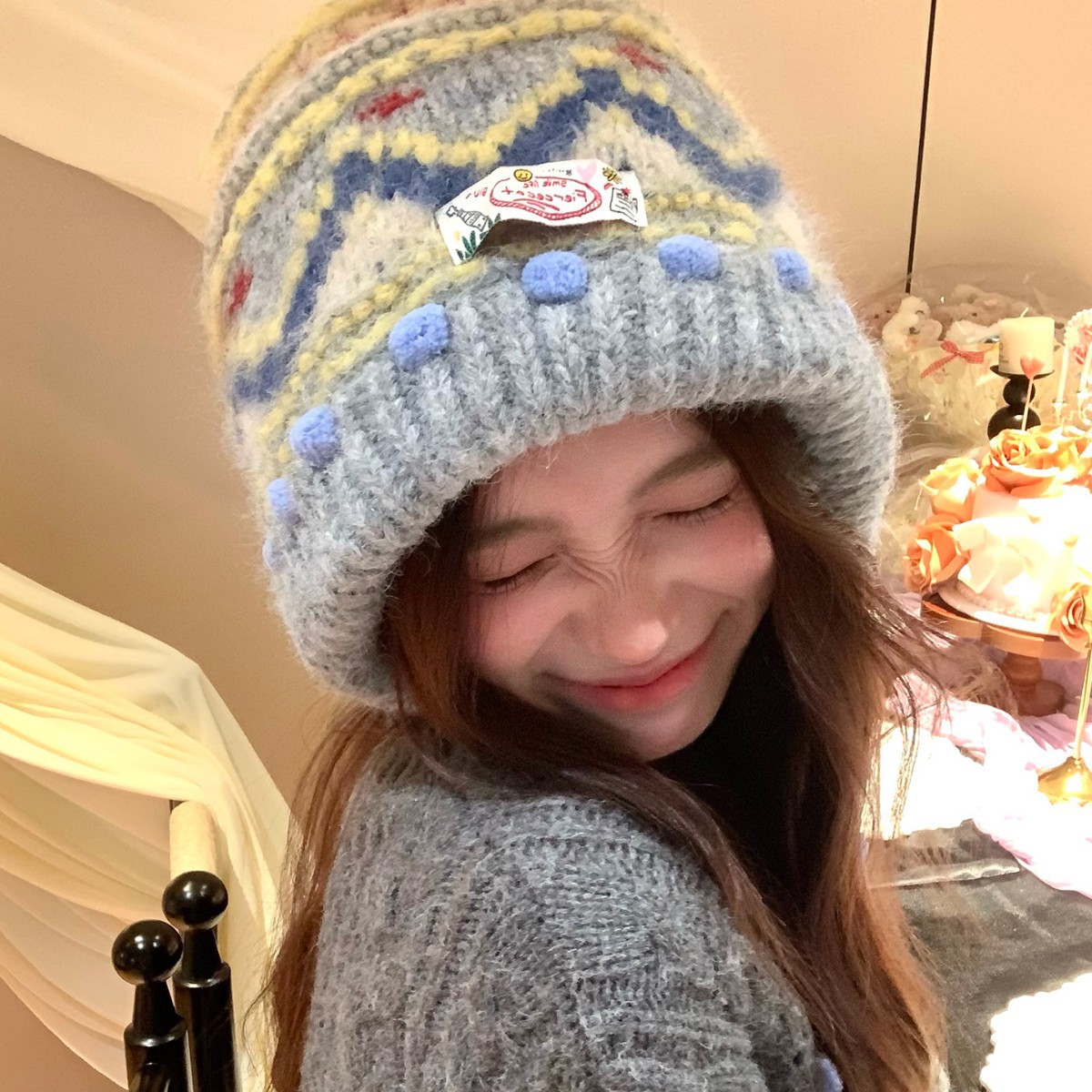 复古费尔岛针织毛线帽女秋冬季保暖巴拉克拉法帽加厚护耳包头帽子