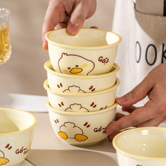 黄色のアヒルのクリーム風の陶磁器の碗の釉薬の下で彩りのご飯の碗の品質の選択の碗の皿のセットは組み合わせてスープの碗を洗いやすいです。