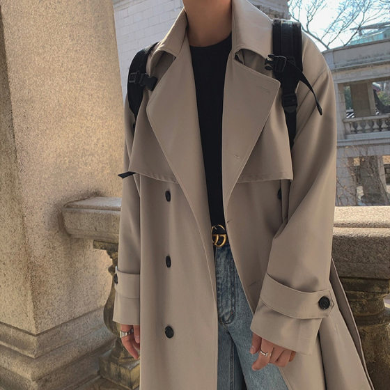 Spring and Autumn Over-the-Knee Coat Men's Mid-length Double-breasted Loose Coat Korean Fashionable Casual Handsome Jacket