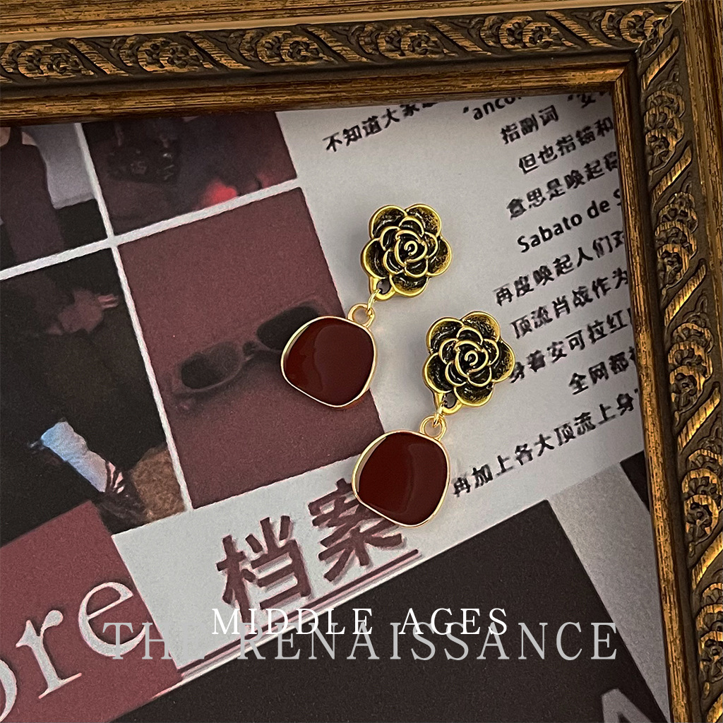 Vintage old flower anchor red earrings oil drop retro French