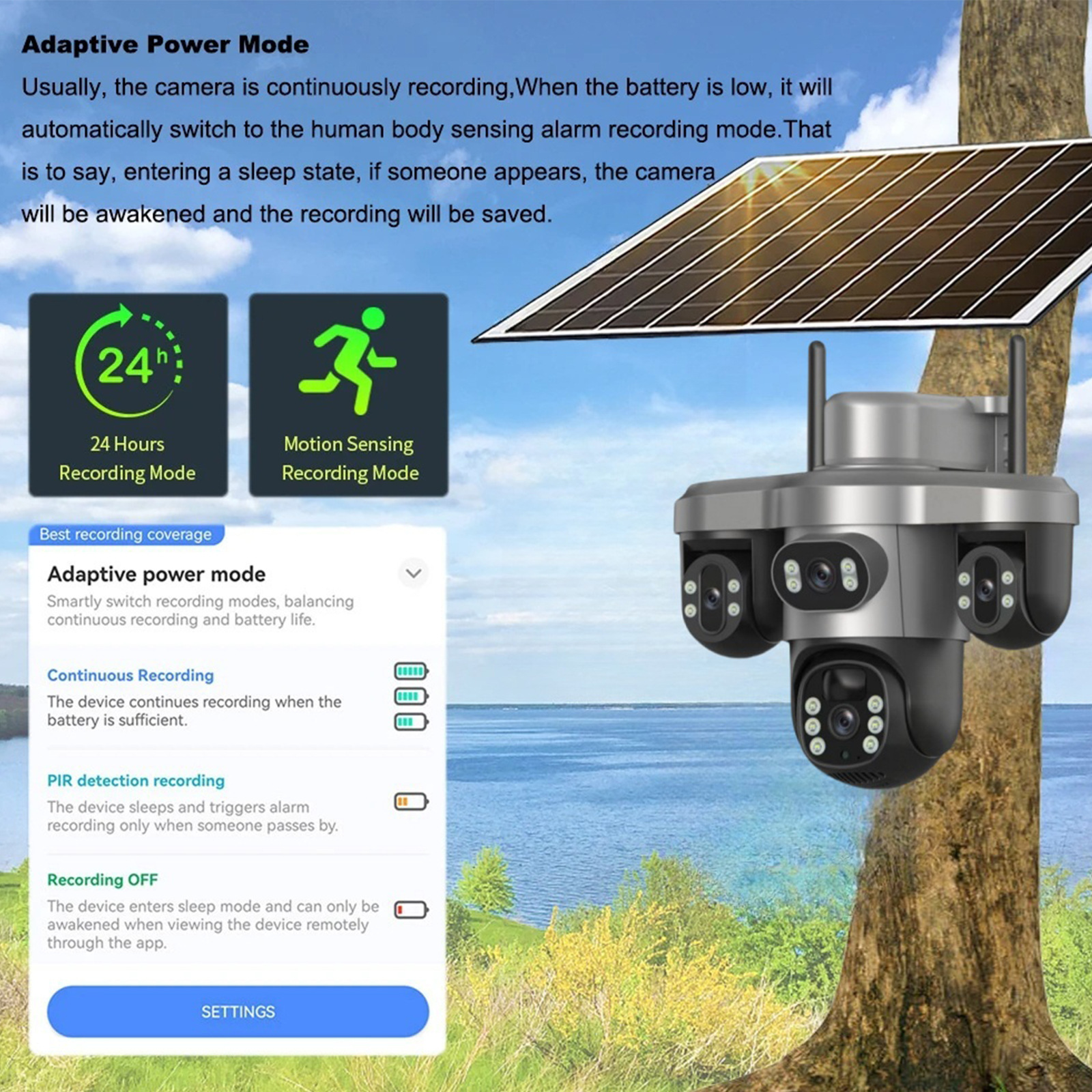 三摄像头三镜头三目太阳能监控摄像头三云台旋转4G低功耗防水无