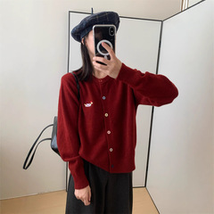 2025早秋新款女装甜美气质圆领腊肠狗开衫刺绣百搭显瘦针织衫上衣