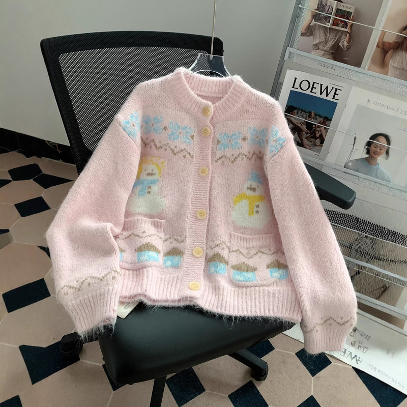 Pink Cute and Sweet Style Christmas Snowman Jacquard Sweater Jacket Women's Cardigan Autumn and Winter Loose Lazy Knitwear Pink Cute and Sweet Style Christmas Snowman Jacquard Sweater Jacket Women's Cardigan Autumn and Winter Loose Lazy Knitwear