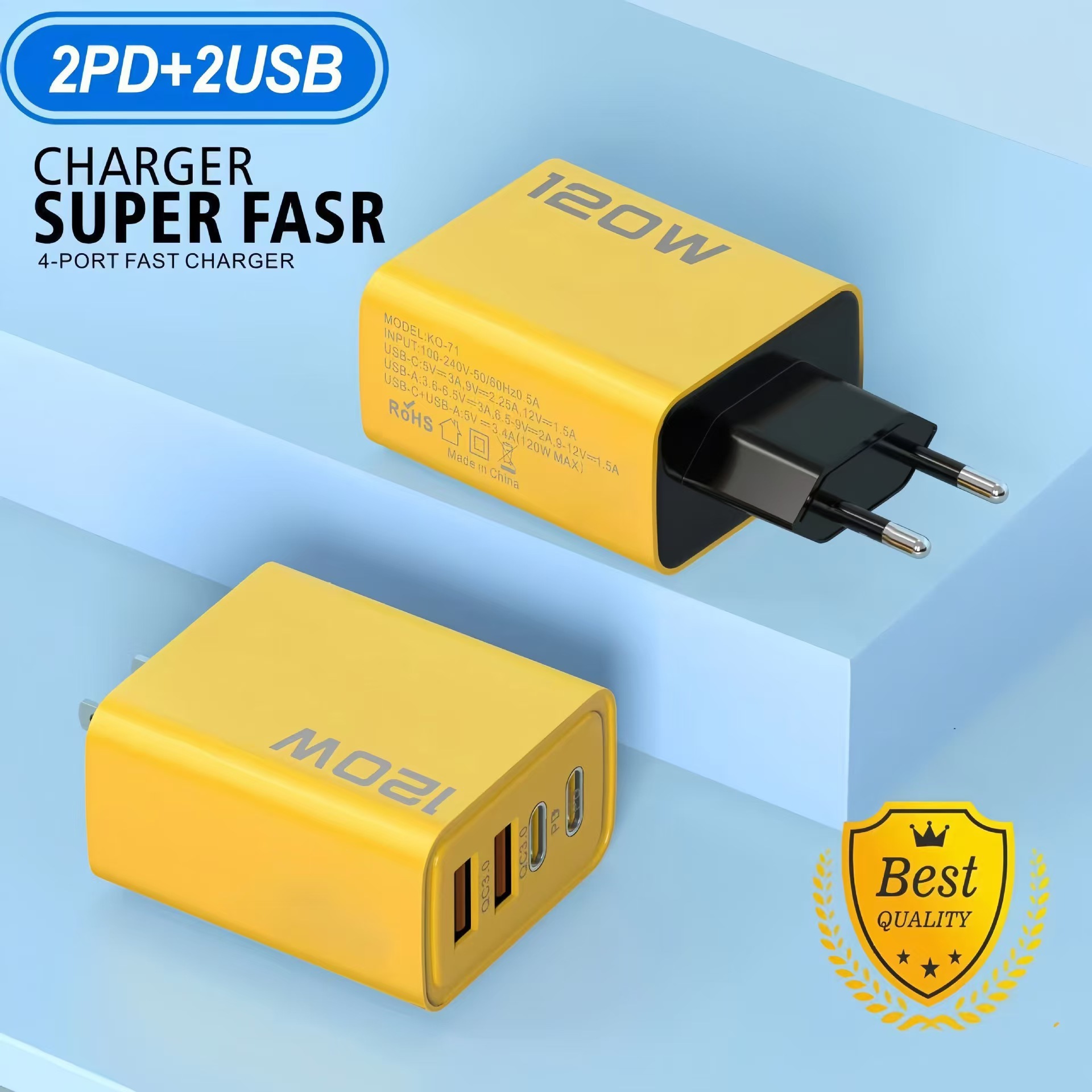 Nuevo producto transfronterizo Cargador de carga rápida de 120W Dual PD Dual USB Múltiplo, estándar europeo, estándar estadounidense, cabezal de carga, cable de datos Mecha