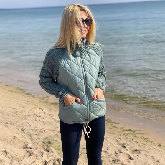 Amazon 2025 autumn and winter new European and American cross-border fashion sweater stitching cardigan stand collar women's coat cotton-padded jacket