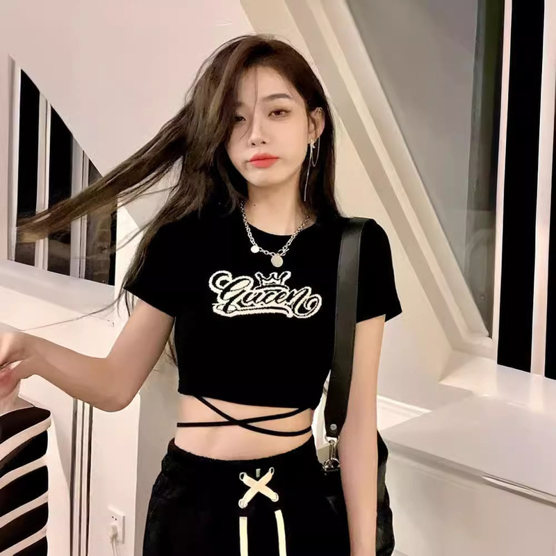 Tie-Up Top for Women, Short Style, Slim Fit, Waist-Cinching, Trendy Ins Design, Niche Cropped Jazz Dance Short-Sleeve T-Shirt Tie-Up Top for Women, Short Style, Slim Fit, Waist-Cinching, Trendy Ins Design, Niche Cropped Jazz Dance Short-Sleeve T-Shirt