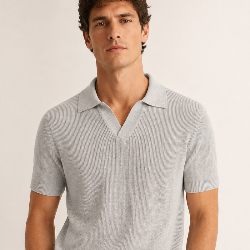 Cross-Border Men's Seagull Collar 26 Spring/Summer Knit Short-Sleeve Polo Shirt, Italian Old Money Style, Casual Breathable Men's Turn-Down Collar T-Shirt