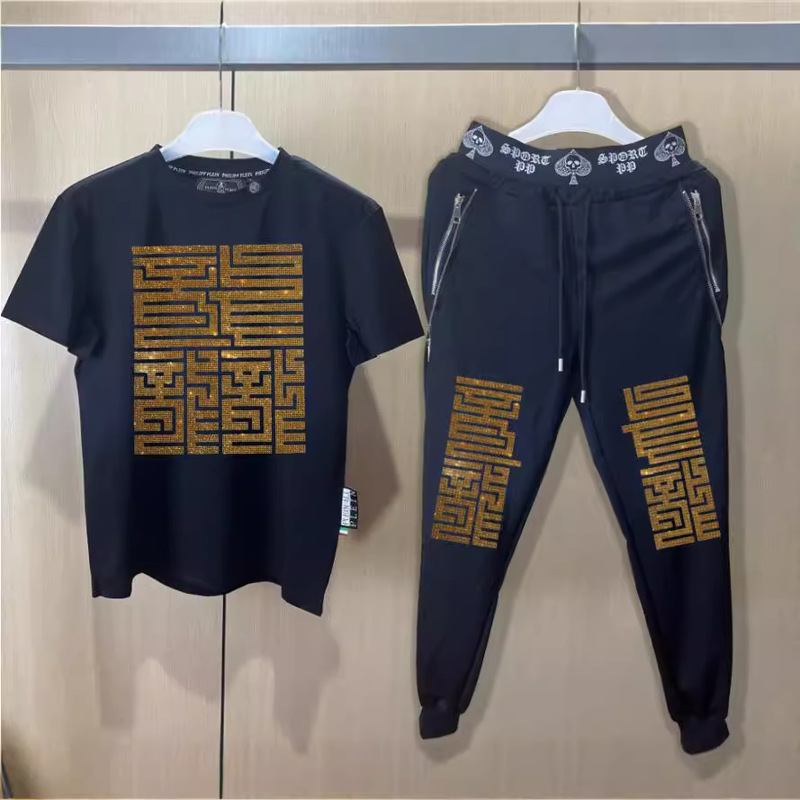 Moving Men's 2024 Fashion Brand Plein Two-Piece Casual Pants suit Men's Spring and Summer New Short-Sleeved T-Shirt