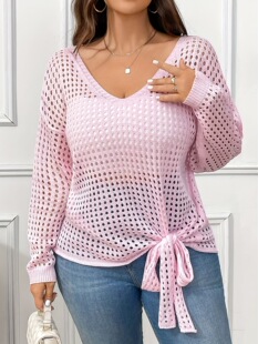L 83772 V Neck Lace Up Bow Knit Sweater ���������Yë��