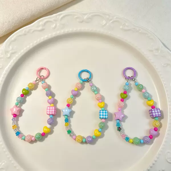 Candy-colored handmade beaded phone strap, cute star and square color-blocked bead chain, girl's bag keychain accessory