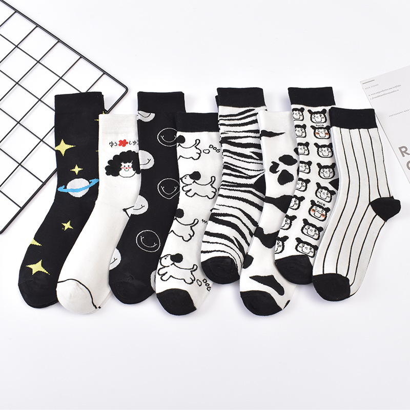 Spring and Autumn Socks Japanese Style Cow Couple Models Black and White Zebra Pattern Unisex Socks Cat Pattern Mid-Calf Socks Ins Style