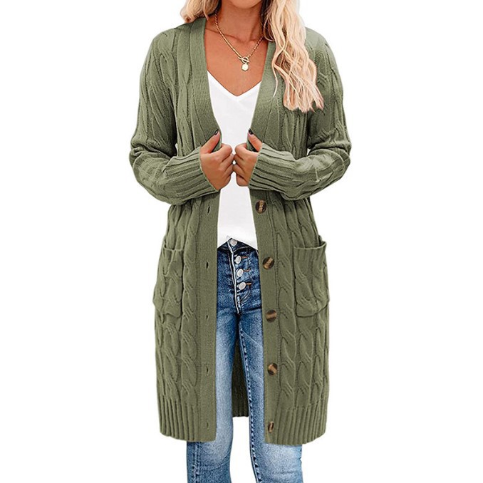Cross-Border Export Amazon Autumn and Winter 2025 New Twist Sweater Women's Pure Color Button Pocket Cardigan Jacket