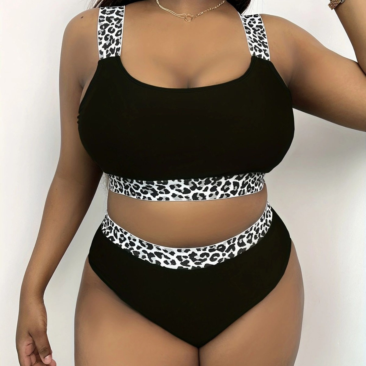 New European American Style Plus-Size Tank Top Bikini With Solid Color And Leopard Print, High-Waisted, Popular On_ecoleips.com