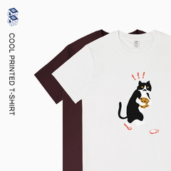 半袖tシャツメンズプリント猫漫画純綿ゆるい半袖男性夏日本系重ポンド230gトレンド上着