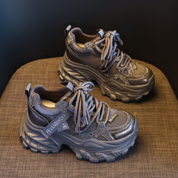 Giày sneaker nữ chunky đế dày tăng chiều cao đính đá rhinestone phong cách thể thao — Màu súng