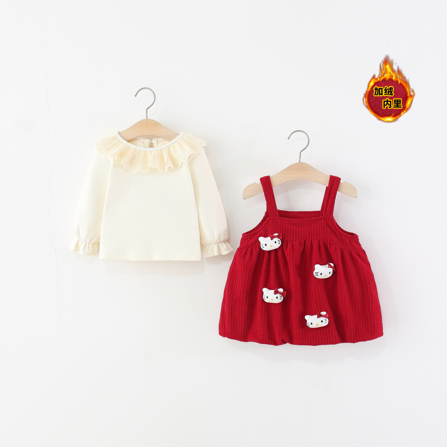 童装女童套装秋冬季儿童宝宝花边长袖t恤+卡通背心裙子两件套加绒