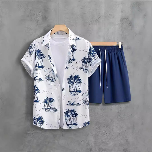 Linen Shirt and Shorts Set for Men - Leisure Vacation, European and American Style, Cross-Border 2025 Summer New Arrival, 3D Printed