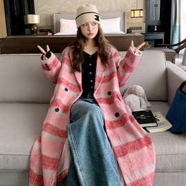 实拍粉色格子毛呢外套女长款冬季宽松显瘦气质休闲羊毛呢子大衣