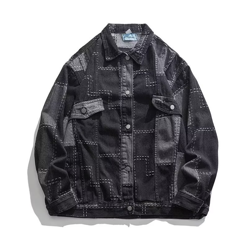 Workwear Denim Jacket for Men, Autumn and Winter New Style, American Loose Fashion Jacket, Trendy Brand, Cool Black Plaid Top