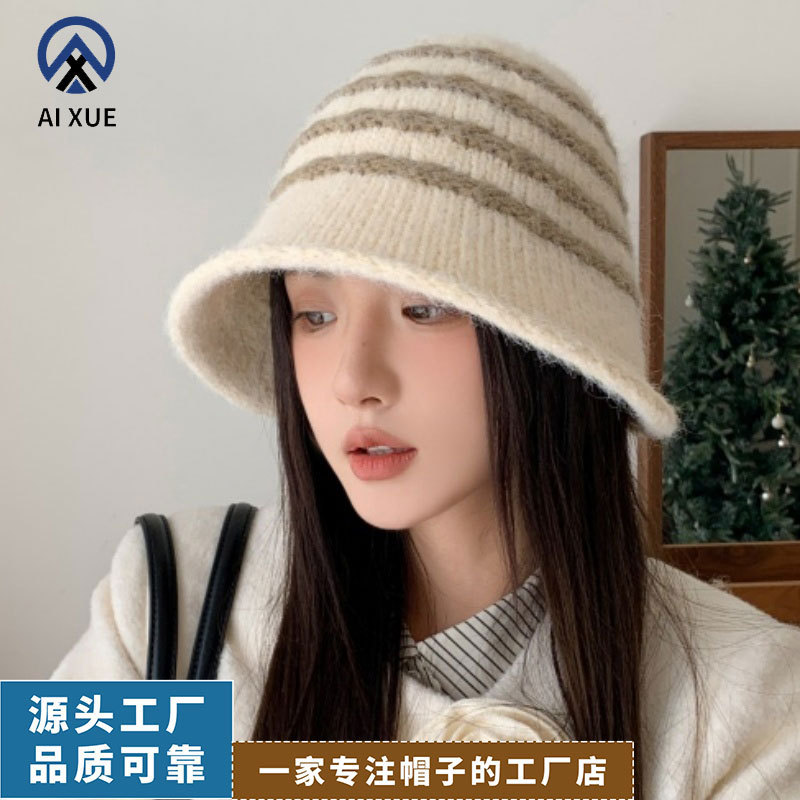 新款条纹针织渔夫帽子女秋冬季ins风小众百搭保暖羊绒水桶帽批发|undefined