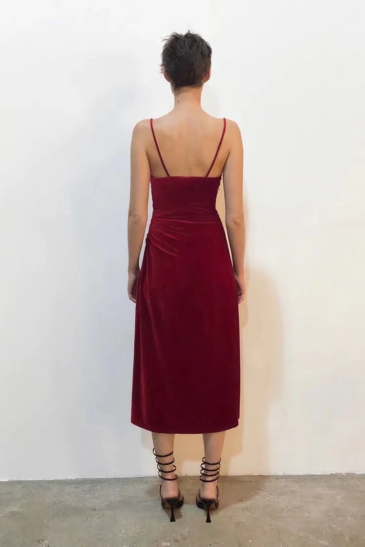 Slim Pleated Velvet Sling Dress NSAM109575